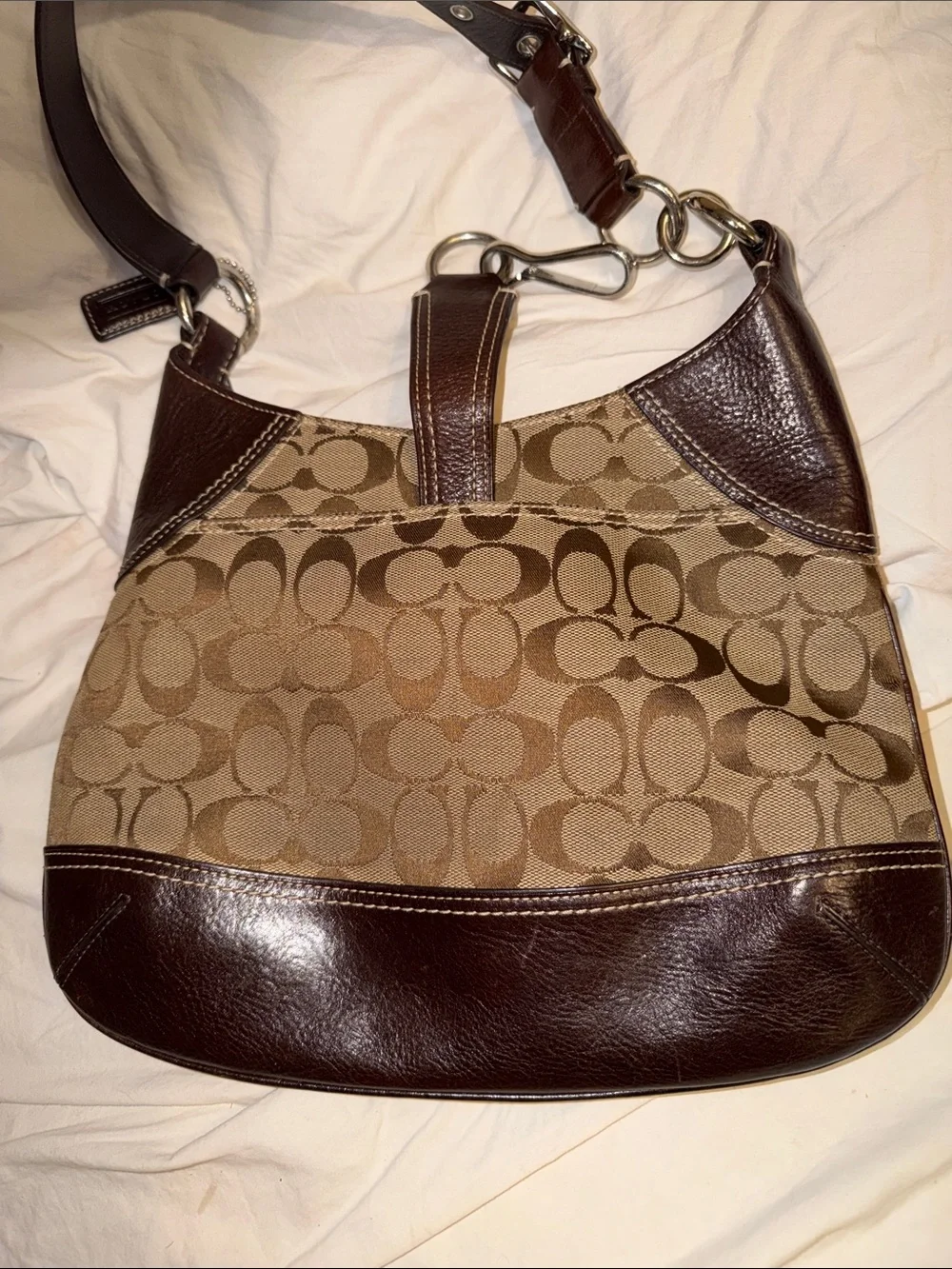 Coach Hampton  Tan Signature Canvas Hobo with Dark Brown Leather Trim